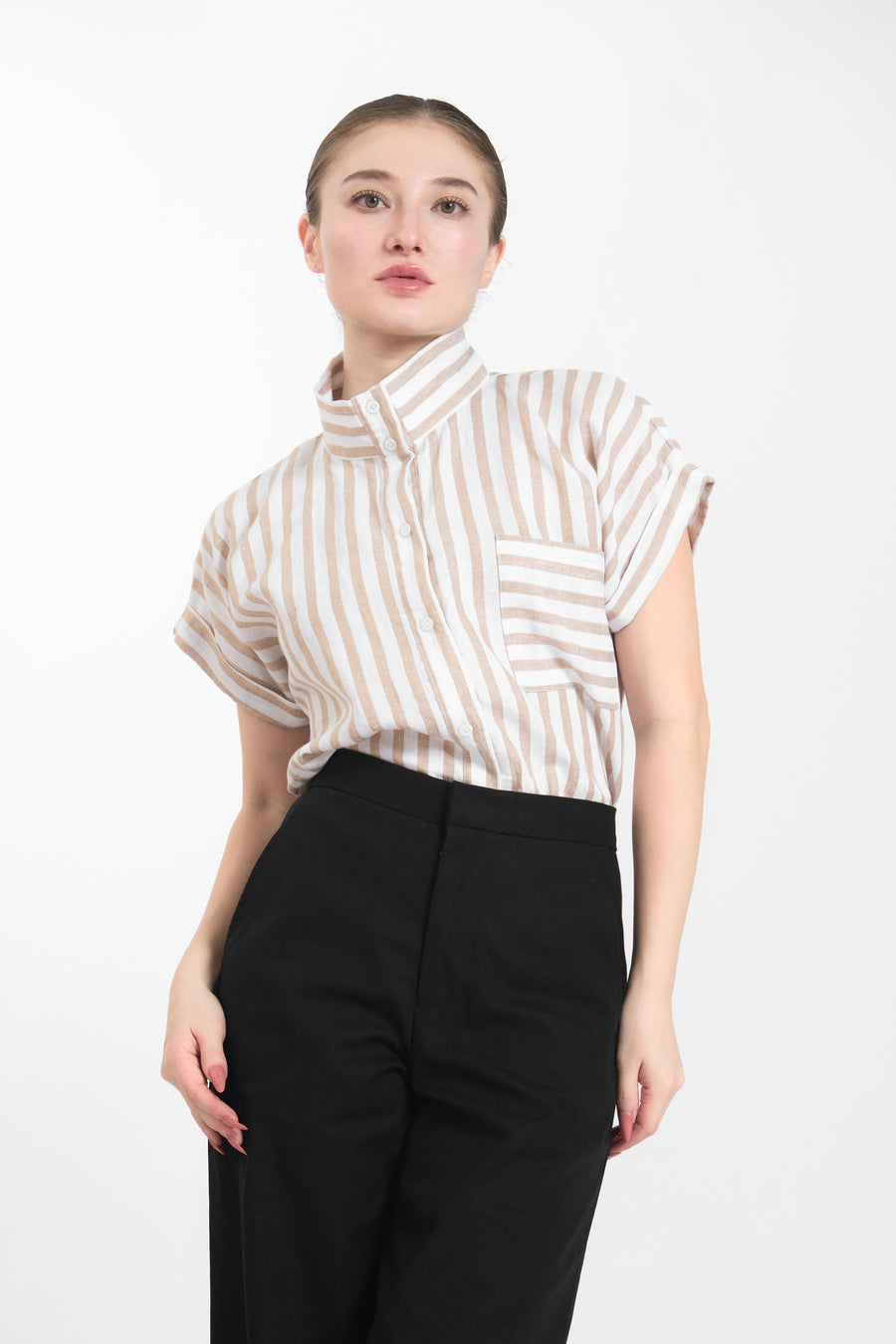 CHARLOTTE High Neck Button Down Top (OATMEAL)